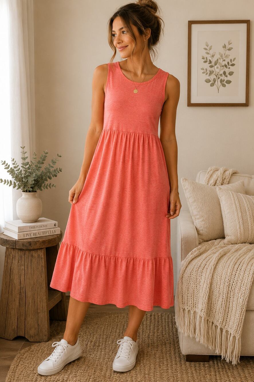 Anrabess Coral Sleeveless Tiered Midi Dress Size Small Casual Summer